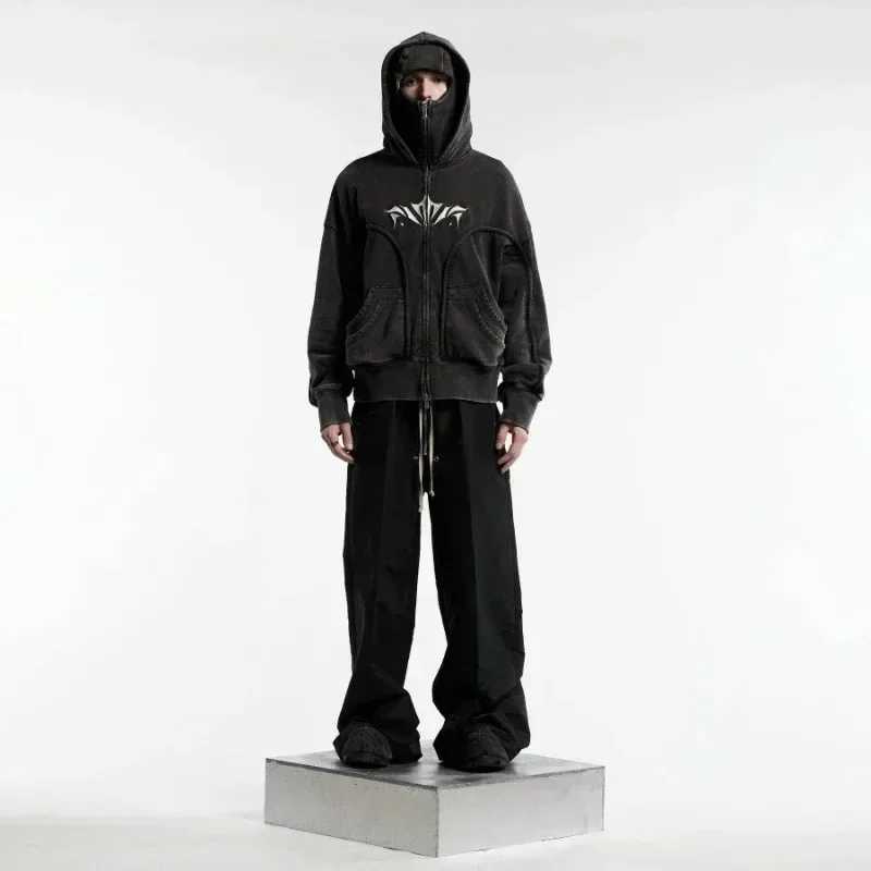 Y2K retro high street personality fashion men pullover hoodie Gothic double hat design street wear oversized casual sweatshirt W250117