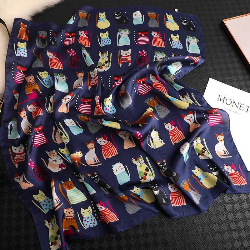 Luxury Brand 2024 New Fashion Summer Silk Square Scarf Women Cat Satin Neck Hair Tie Band Beach Hijab Head Female Foulard W250118