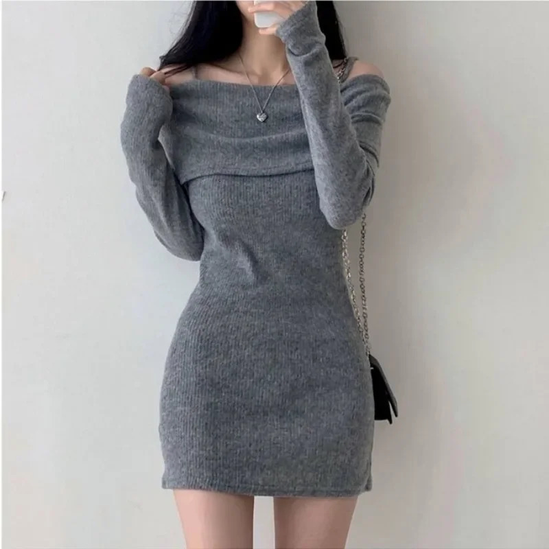 Fashion Korean Knitted Mini Dress Shoulders Bahrain Round Neck Slim Ribbed Short Skirt Autumn Winter Collection 250110