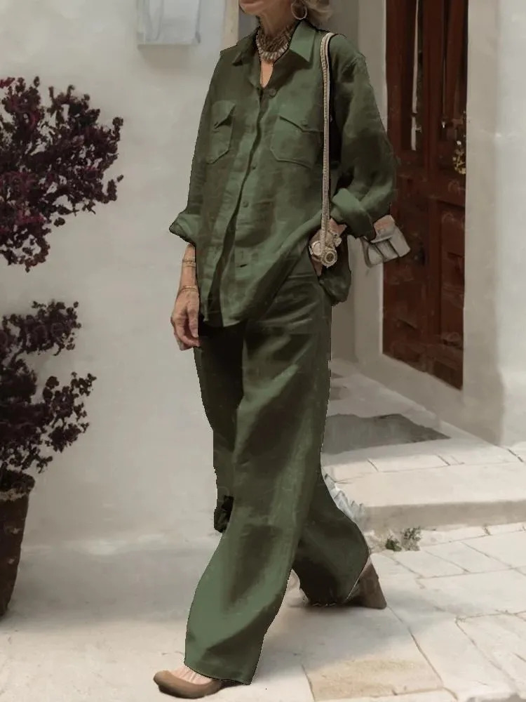Women Linen And Cotton Two-piece Set Loose Collared Pants Pocket Shirt Wide Legs Spring And Autumn 250120
