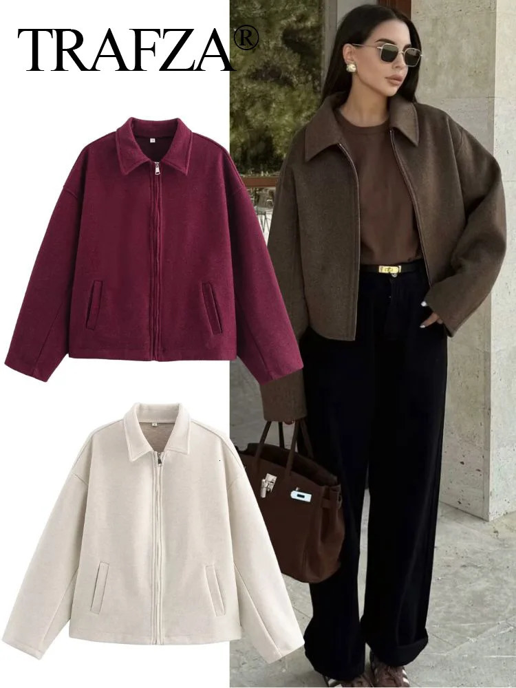 TRAFZA Womens Solid Colour Zip Tweed Jacket Fashion Female Loose Lapel Warm Street Jackets Simple Top Coat 250122