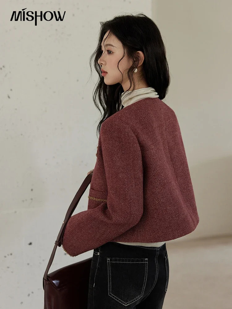 MISHOW Plaid Tweed Short Jacket Women French ONeck Long Sleeve Autumn Winter Temperament Contrast Color Top MXD34W0482 250122