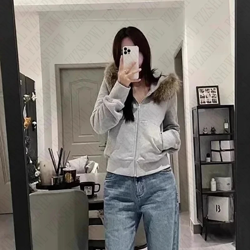 American Retro Fur Collar Hooded Cardigan Coat men Spring Autumn Slim Fit Zipper Jackets Y2k Long Sleeve Sweatshirts 250109