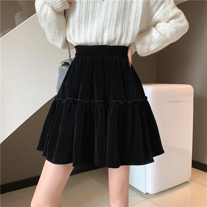 Black Velvet Patchwork Mini Skirt Women Sweet Solid A Line High Waist Fashion Pretty Style Pleated Summer Student 250121