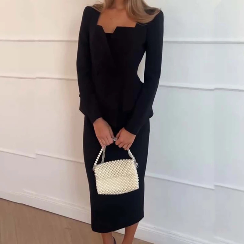 Elegant Square Collar Long Sleeve Blazer Long Skirts Suit Women Chic Double Breasted Jacket Work Outfit Solid 2Pcs Suit 250122