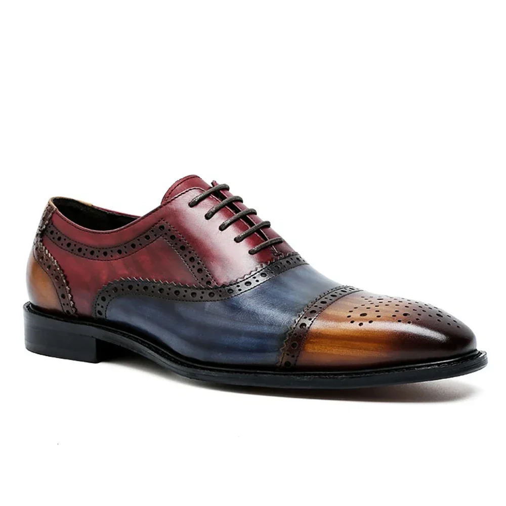 Color Block Genuine Leather Mens Formal Oxford Shoes Cap Toe Lace Up Brogue Business Party Elegant Gentleman Dress Shoes for Men 250113