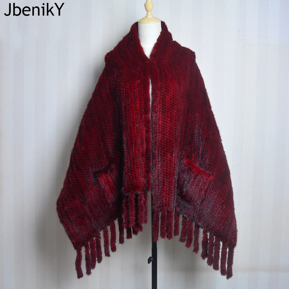 2025 Women Genuine Knitted Mink Fur Showl Scarf Lady 100%Natural Real Mink Fur Shawl With Tassel Fashion Mink Fur Ponchos 250120