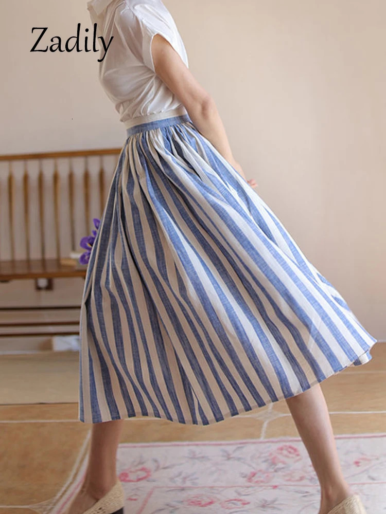 2024 Summer Vintage High Waist Striped Skirt Beach Style ALine Cotton Linen Women Casual Elastic force Ladies Skirts 250121