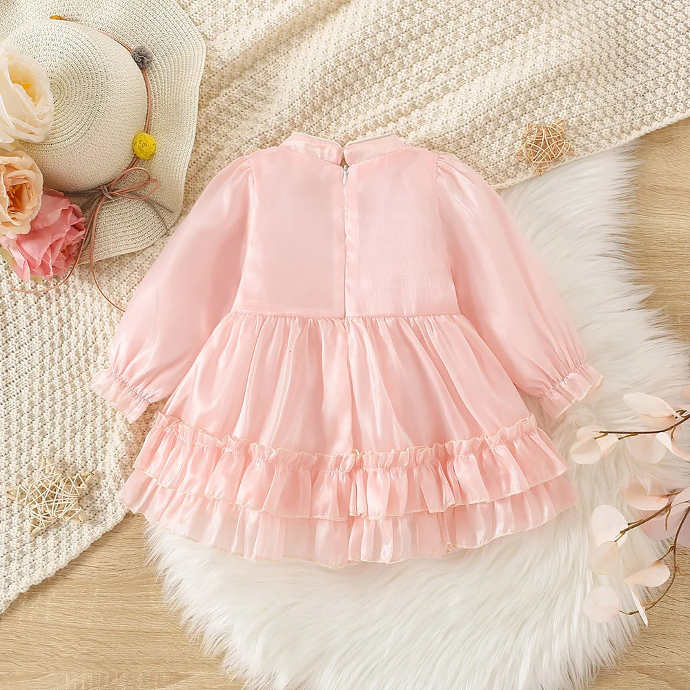 Autumn and Winter Girls Qipao Small Standing Neck Long Sleeve Dress Childrens Embroidered Ruffle Edge Pleated Large Skirt 250117