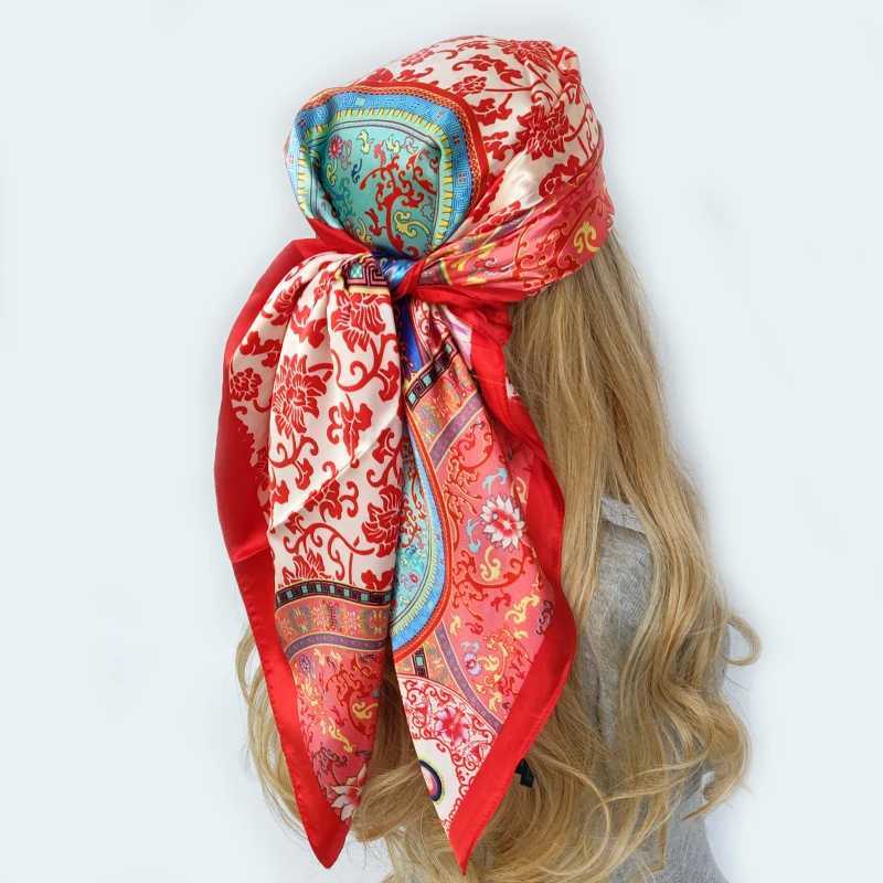 Fashion Square Silk Scarf Women Headband 90*90cm Print Neck Scarfs Off Hair Band Hand Kerchief Female Bandana Heaear W250118