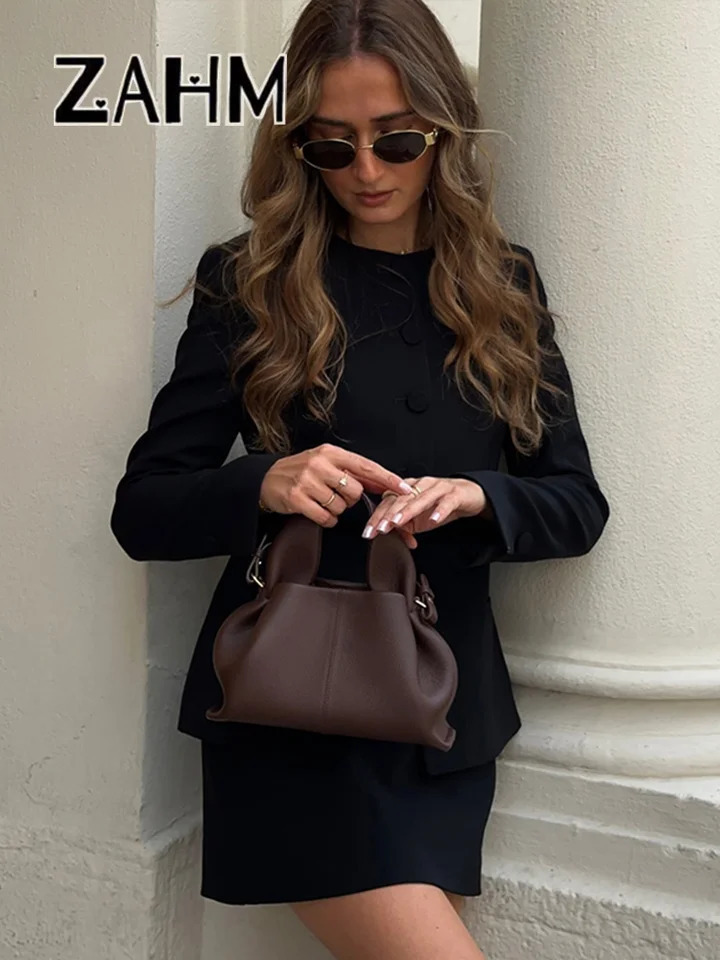 Elegant Single Breasted Blazer Sets Women Solid O Neck Long Sleeve Jacket Mini A-line Skirt 2025 Spring Lady Office Outfits 250109