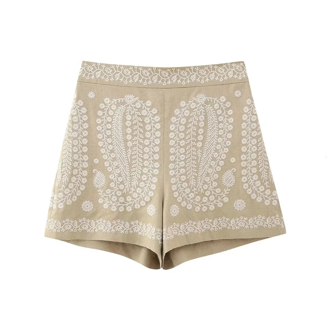 Womens Short traf Floral Embroidery instarfz Khaki Summer Short Casual Loose Spodenki Damskie Short Pantalones Cortos De Moda 250118