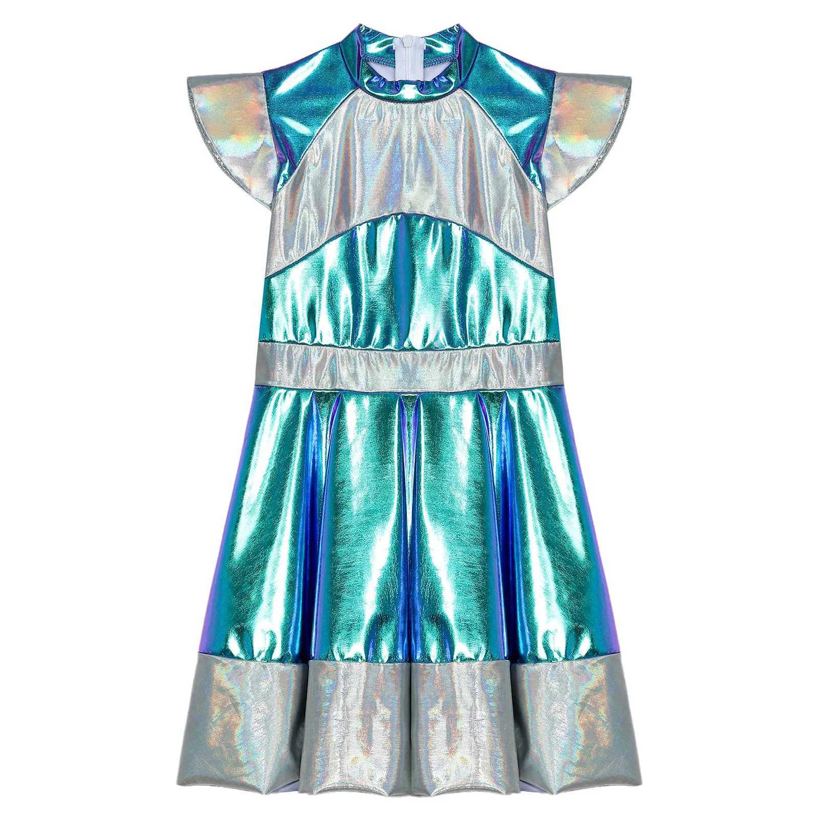 Shining alien girl outdoor space Halloween role-playing costume flyer sleeve gradient line picture Future world party dance dress W250117