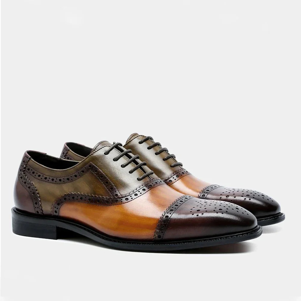 Color Block Genuine Leather Mens Formal Oxford Shoes Cap Toe Lace Up Brogue Business Party Elegant Gentleman Dress Shoes for Men 250113