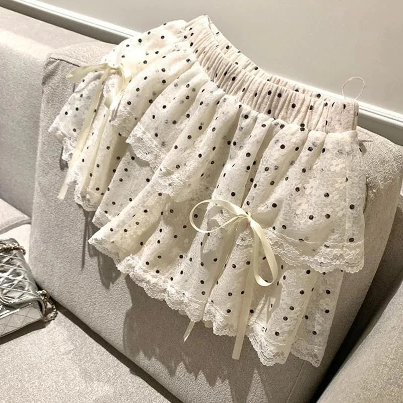MEXZT Kawaii Dots Mini Skirt Women Japanese Cute Lace Bow Ball Gown Skirts Summer Korean High Waist Ruffles Casual A Line 250121