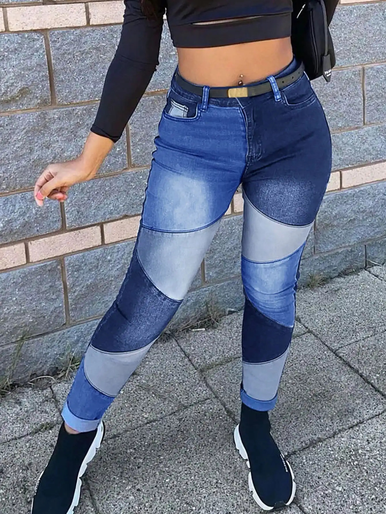 Vintage Mid Waist Stretchy Slant Pocket Patchwork Pants Colorblock Skinny Jeans 250122