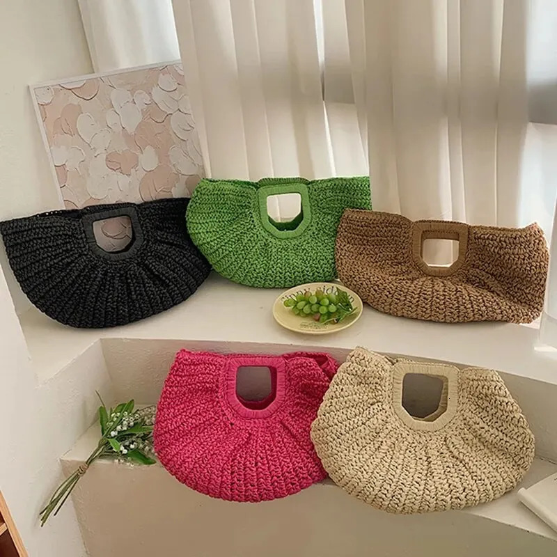Summer Straw Women Half-moon Beach Handbag Rattan Handmade Handle Fashion Kintted Tote Bag 250207