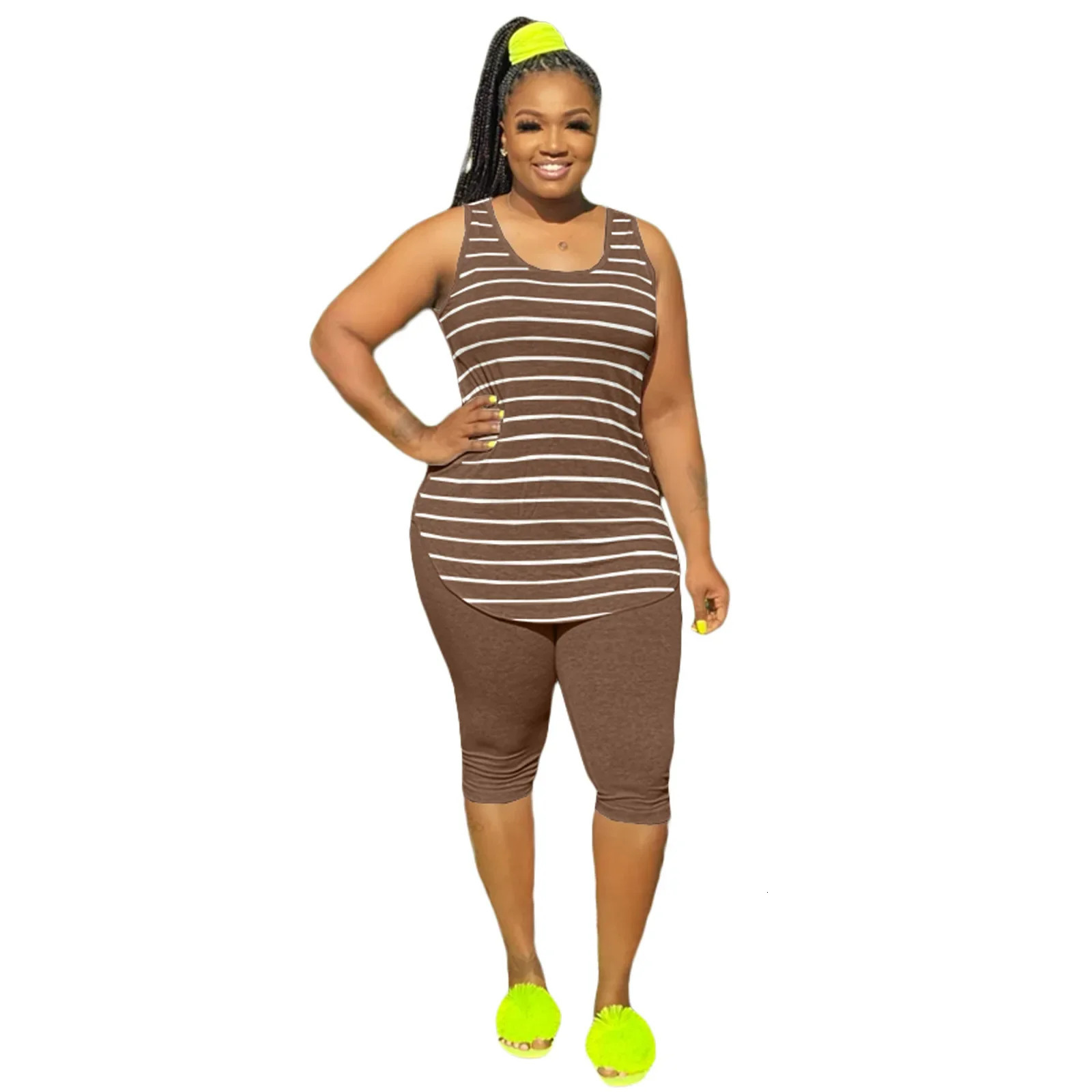 CMYAYA Women Plus Size XL5XL Sport two piece set Tracksuit Striped Tank Tops Knee Length jogger Suit Sweatpants Matching Set 250122