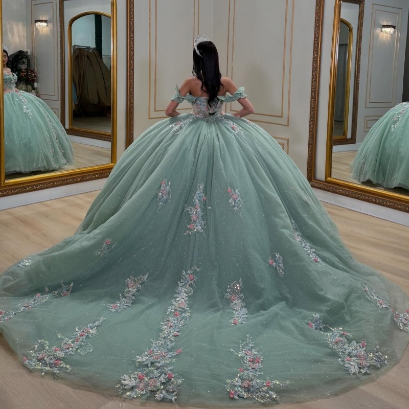 Mint Green Quinceanera Dresses Ball Gown Off Shoulder Appliques Lace Beading Crystal Bow Tull Corset Birthday Payty Sweet 16 Dress Vestidos 15 De Anos