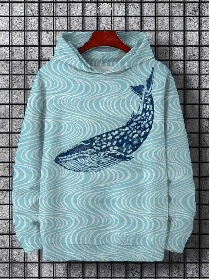 Funny Japanese Harajuku fashion mens hoodie casual y2k hoodie mens autumn and winter sea whale pattern sports hoodie W250117