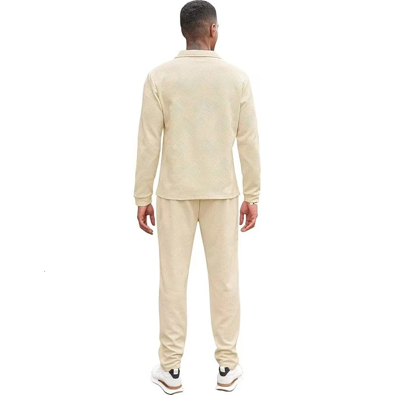 Casual Solid Color Textured Outfits For Mens Autumn Fashion Polo Shirt And Pants Two Piece Sets Men Clothing Vintage Suits Male 250109