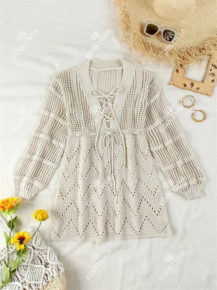 Sexy Deep Vneck Laceup Bell Sleeve Knit Mesh Hollow Out Beach Mini Dress 2024 Summer Swimsuit Cover Up Women Casual Tunic K14 250121