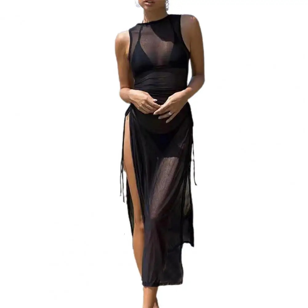Oneck Side High Split Shirring Cover Up Dres Mesh Transparent Sleeveless Sunscreen Dress For Vacation y250120