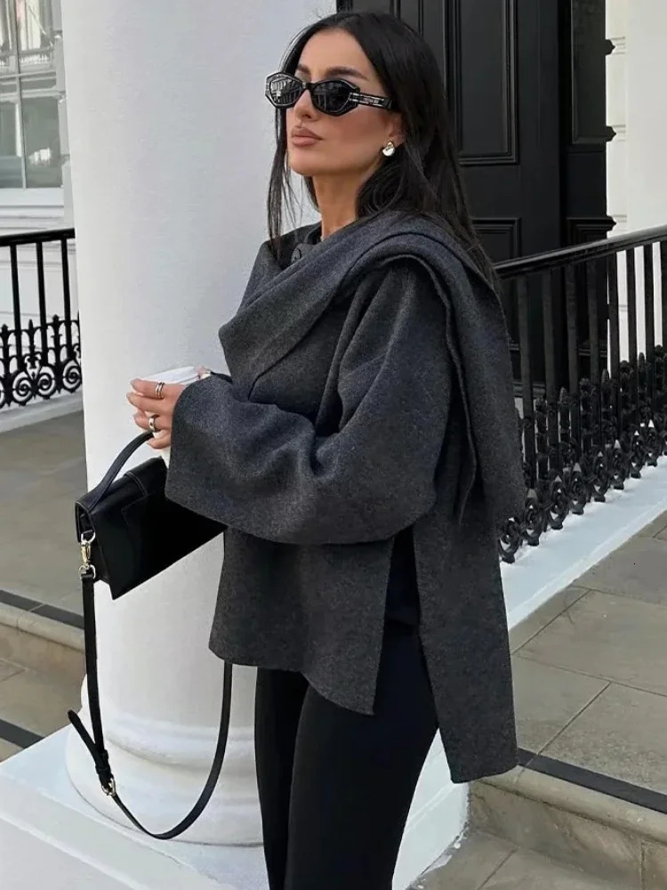 ZBZA Womens Asymmetric Scarf Knitted Jacket Oneck Single Button Side Slit Solid Loose Coat Winter Female Chic Outerwear 250109