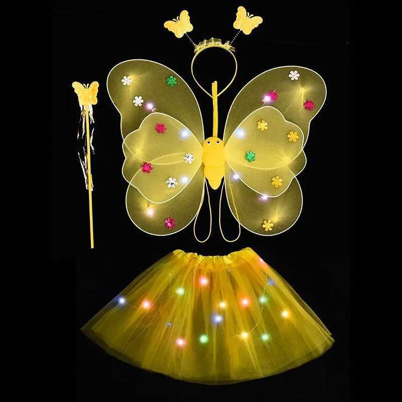 1set Glowing Kids Butterflies Fairy Wing Costume Set Stage Wear Girls Butterfly Wings Wand Headband Childrens Day Gift W250117