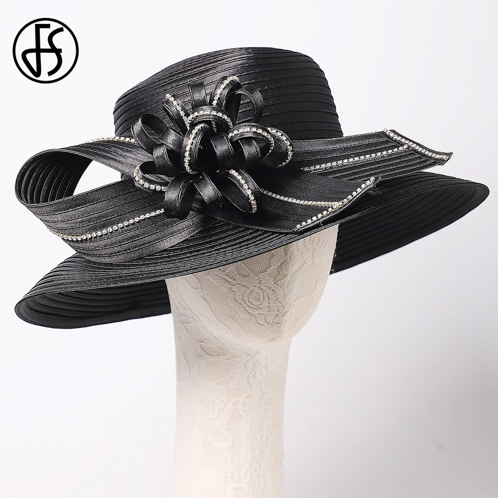 FS Elegant Black Hat Lady Formal Dress Fedora Church Cocktail Tea Party Derby Caps For Women Bow Flower Wide Brim Cloche Hats 250118