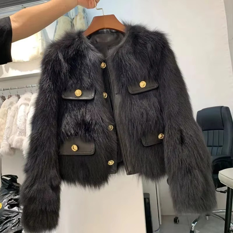 Autumn Winter Short Faux Ladies Coat Round Neck Long Sleeves Fur Female Jacket New Thickening Plush Women Outwear