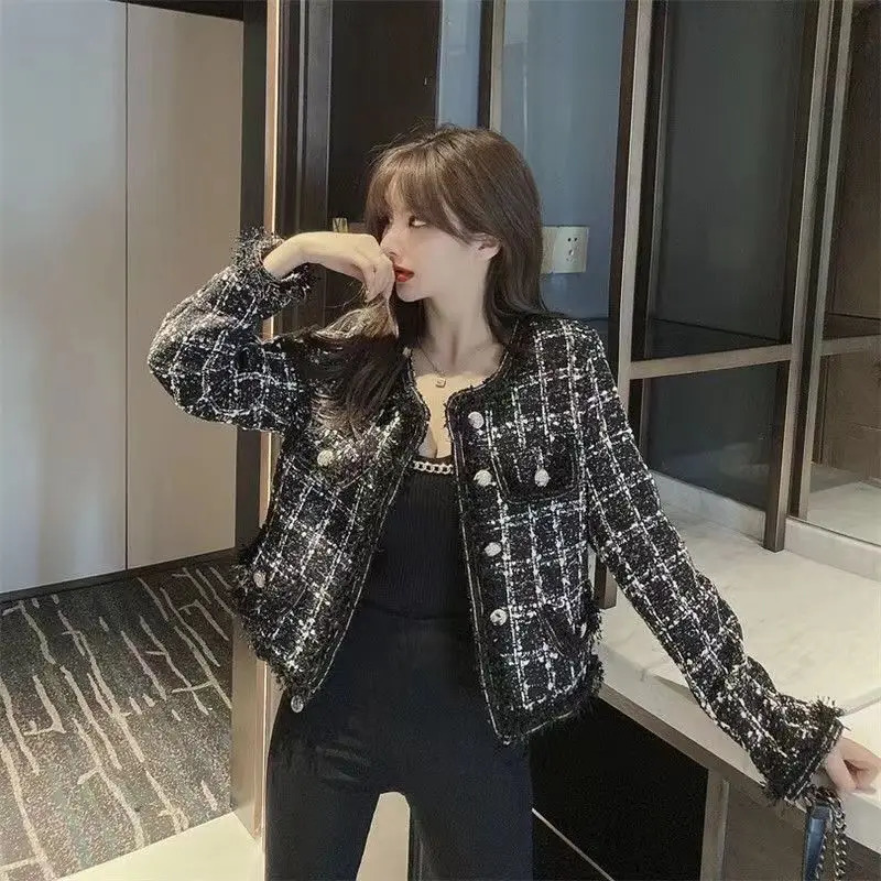 y Tweed Jacket Women Coat Long Sleeve Blazer Crop Short Tops Plaid Pockets Office Ladies Clothing 250122
