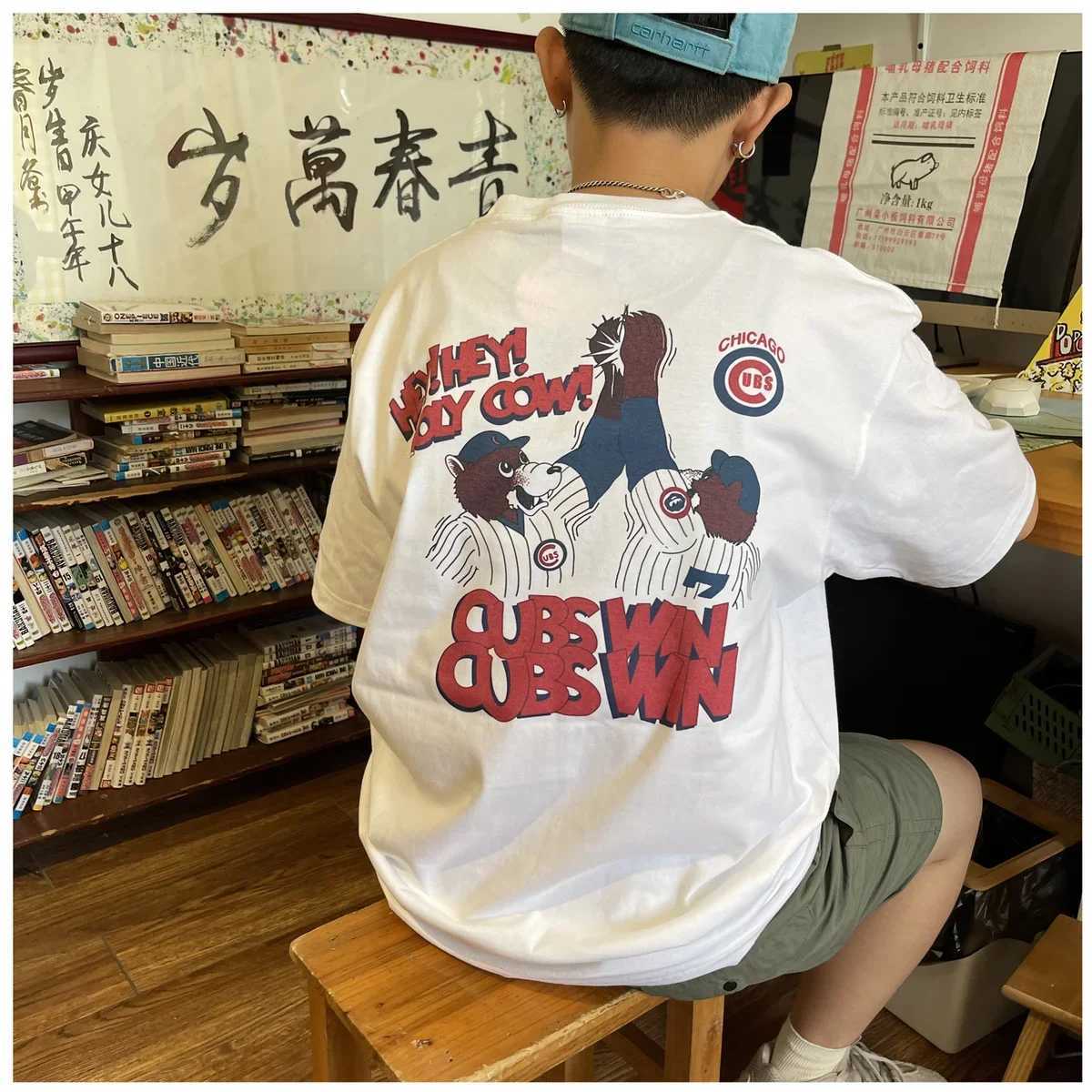 Fashionable Korean casual retro printed cartoon T shirt for men y2k personalized cotton street hip hop couple half sleeved top W250117