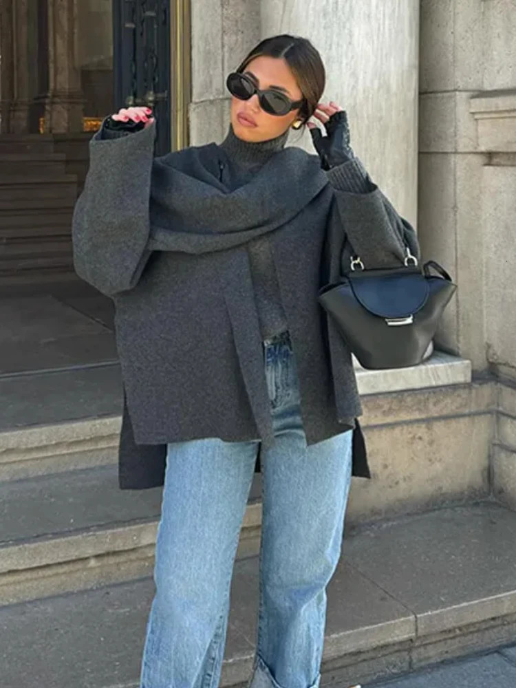 ZBZA Womens Asymmetric Scarf Knitted Jacket Oneck Single Button Side Slit Solid Loose Coat Winter Female Chic Outerwear 250109