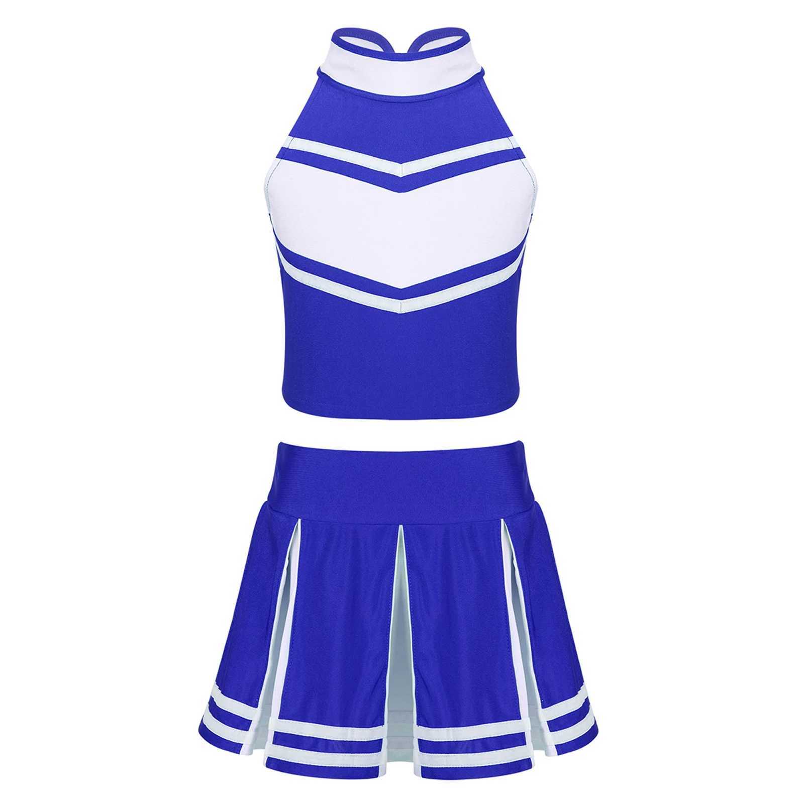 Kids Girls Cheerleading Costume Cheerleader Outfit Sleeveless Zippered Tops with Pleated Skirt School Stage Performance ClothesW250121