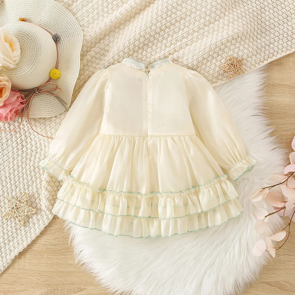 Autumn and Winter Girls Qipao Small Standing Neck Long Sleeve Dress Childrens Embroidered Ruffle Edge Pleated Large Skirt 250117