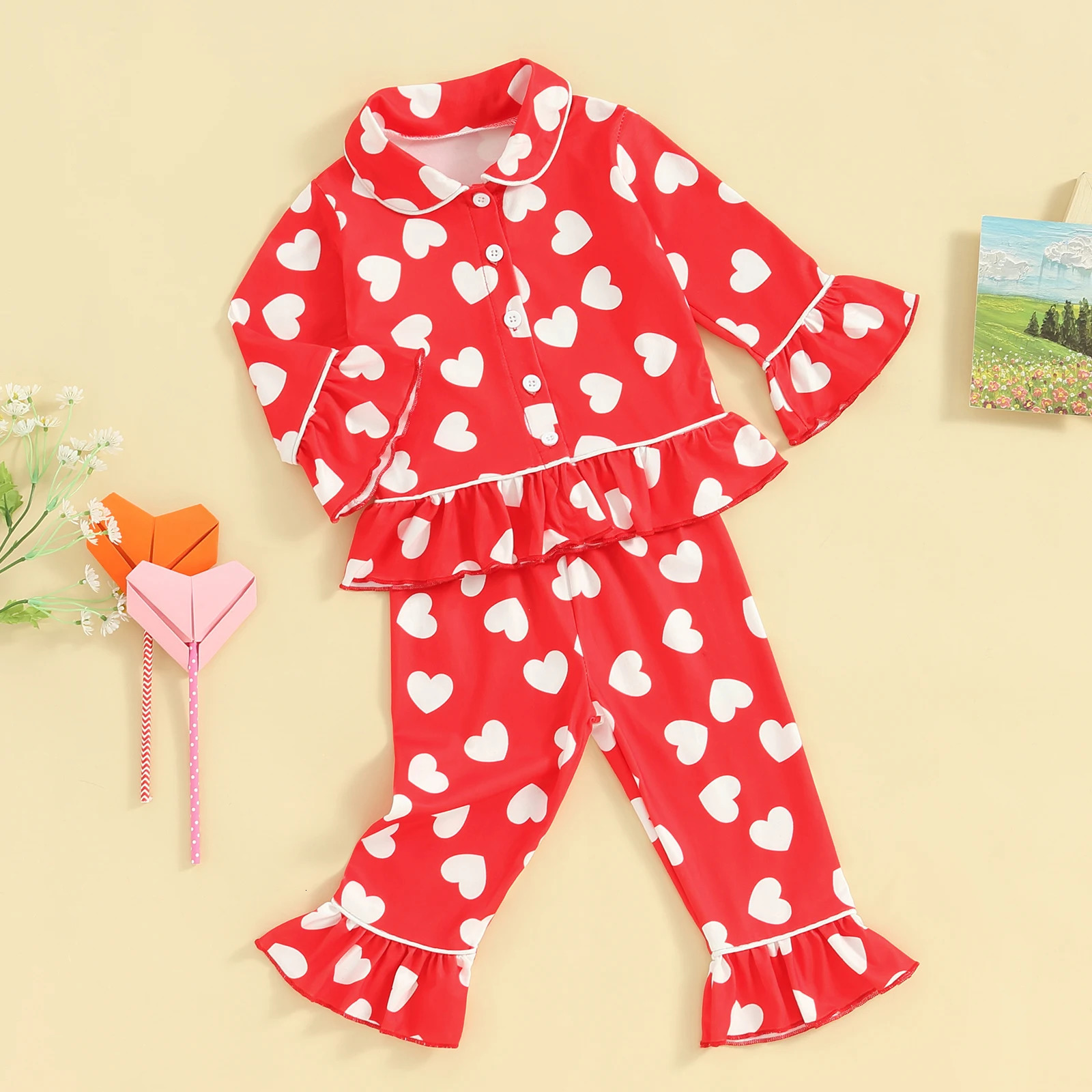 Pudcoco Kids Girls Valentine Pajamas Sets Heart Print Ruffled Button Long Sleeves Shirt and Elastic Flared Pants Loungewear 1-6T 250121