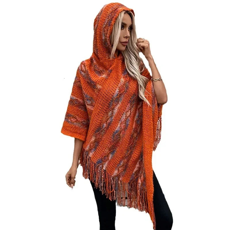 Women Knitted Hooded Cape Shawl Print Striped Tassel Spliced Ponchos Pullover Elegant Loose Cloak Ladies Autumn Winter 250121