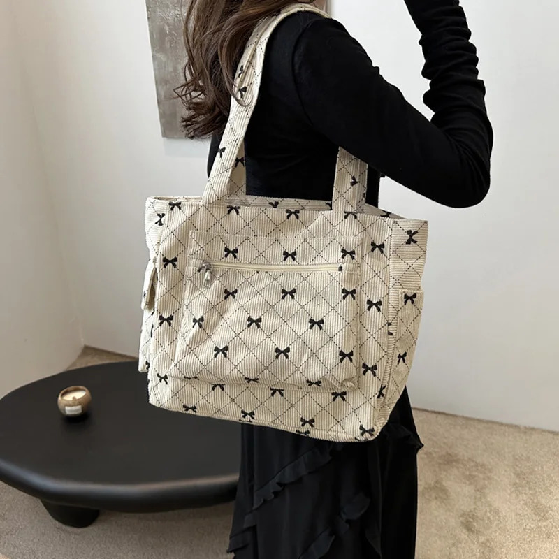 Large Capacity Corduroy Casual Tote Bags For Ladies Casual Bow Pattern Commuting Handbags Womens For Shopping 250122