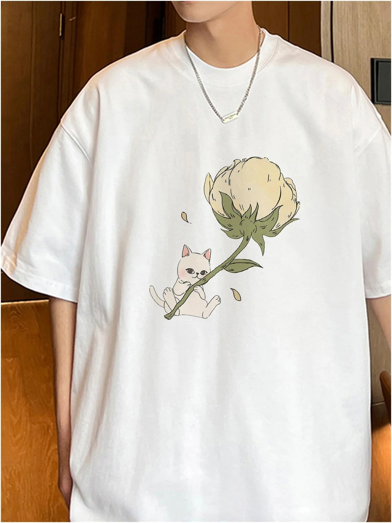 Harajuku Men Casual Loose Tshirts Flower Cat Graphic Unisex Kawaii Tops Short Sleeve Summer Male Tees 100 Cotton Y2k 250122