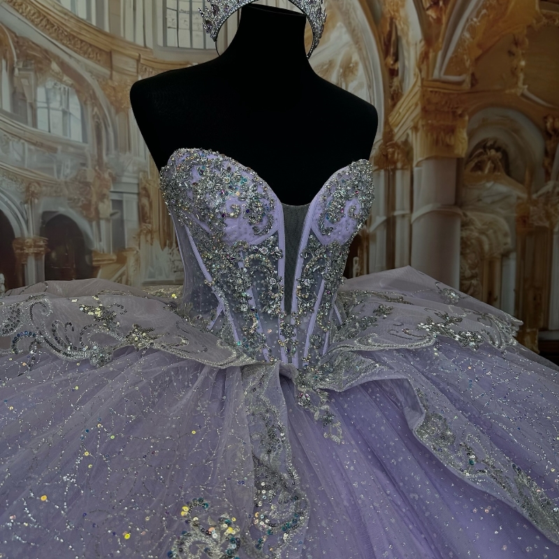 Lavender Quinceanera Dresses Ball Gown Off Shoulder Appliques Lace Beads Bow Tull Corset Birthday Party Sweet 16 Dress Vestidos 15 De anos