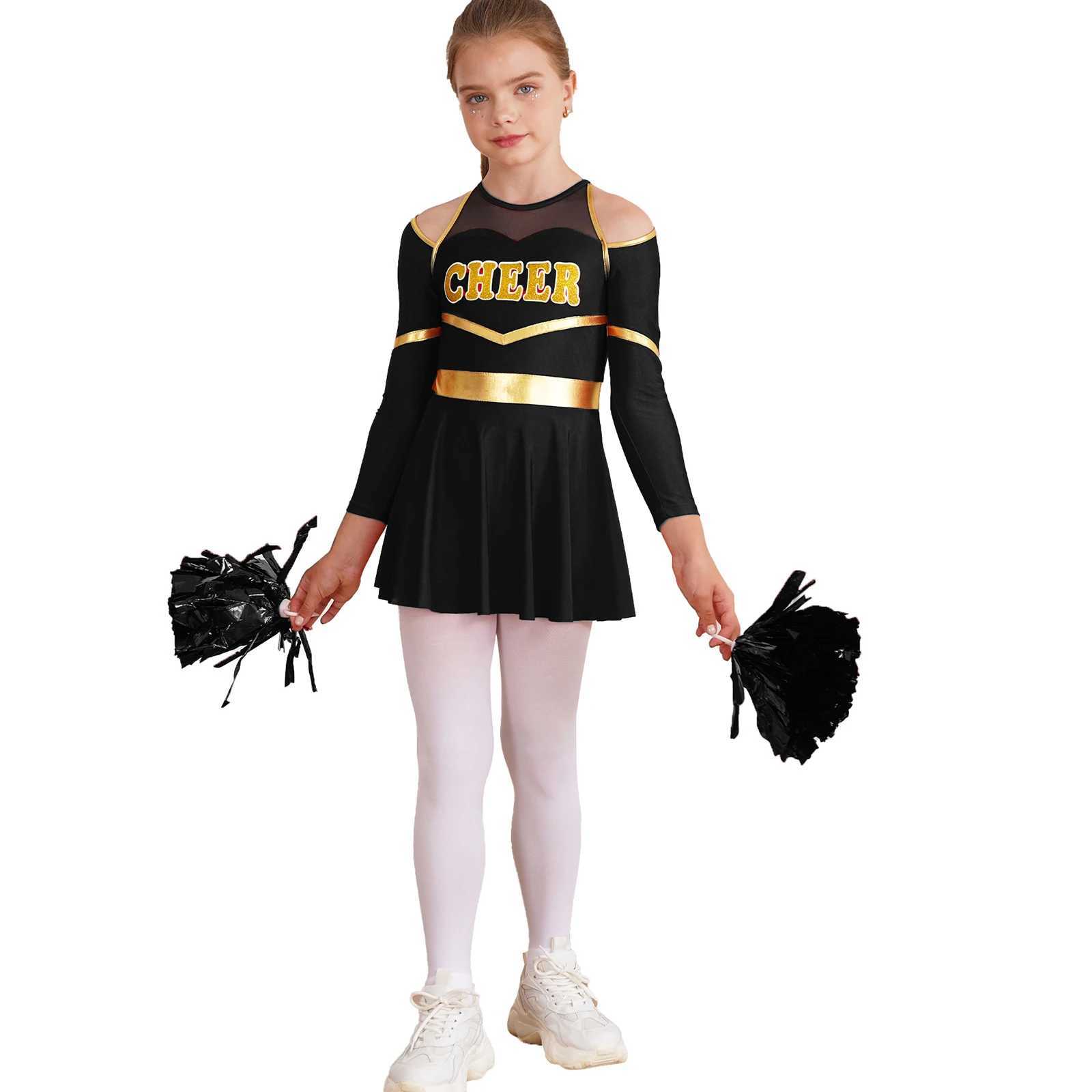Kids Cheer Dance Outfits School Girls Cheerleading Uniforms Children Long Sleeve Leotard Dress with Hand Flowers for CosplayW250121