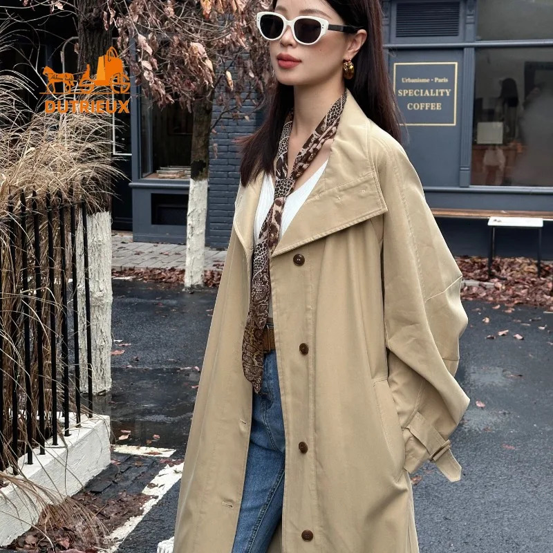 Womens winter windbreaker simple high-end long large silhouette vertical collar windbreaker waist belt jacket jacket 250118