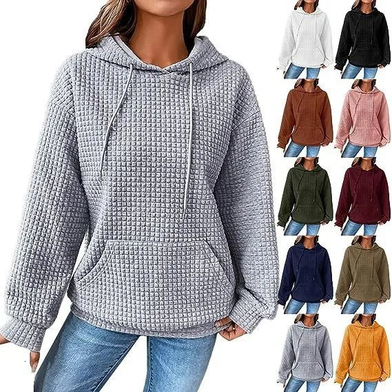 Womens hooded sweatshirt spring and autumn style waffle fashion beautiful solid color drawstring loose 250122