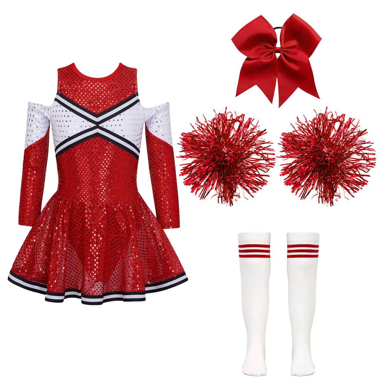 Childrens girls cheerleading dance costumes childrens glitter cheerleading uniforms dresses headwear handmade socks cheerleading costumesW250121