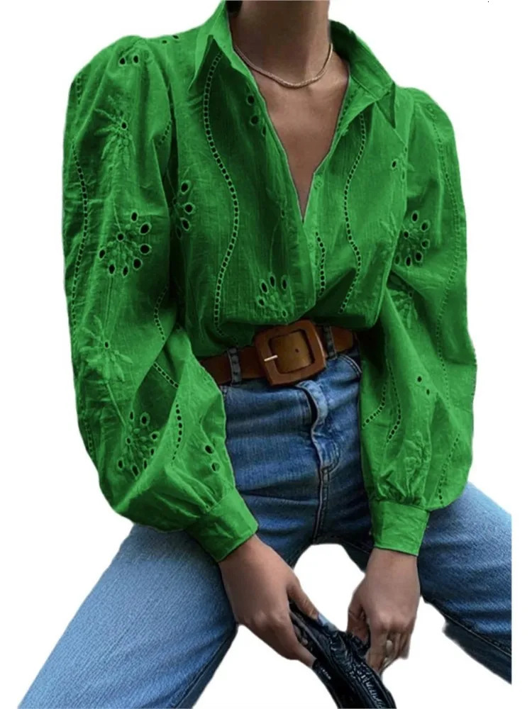 Solid Shirt Autumn Winter Casual Loose Fashion Hollow Puff Sleeve Cardigan Tops For Women Office White Blouses Woman Casual 250122