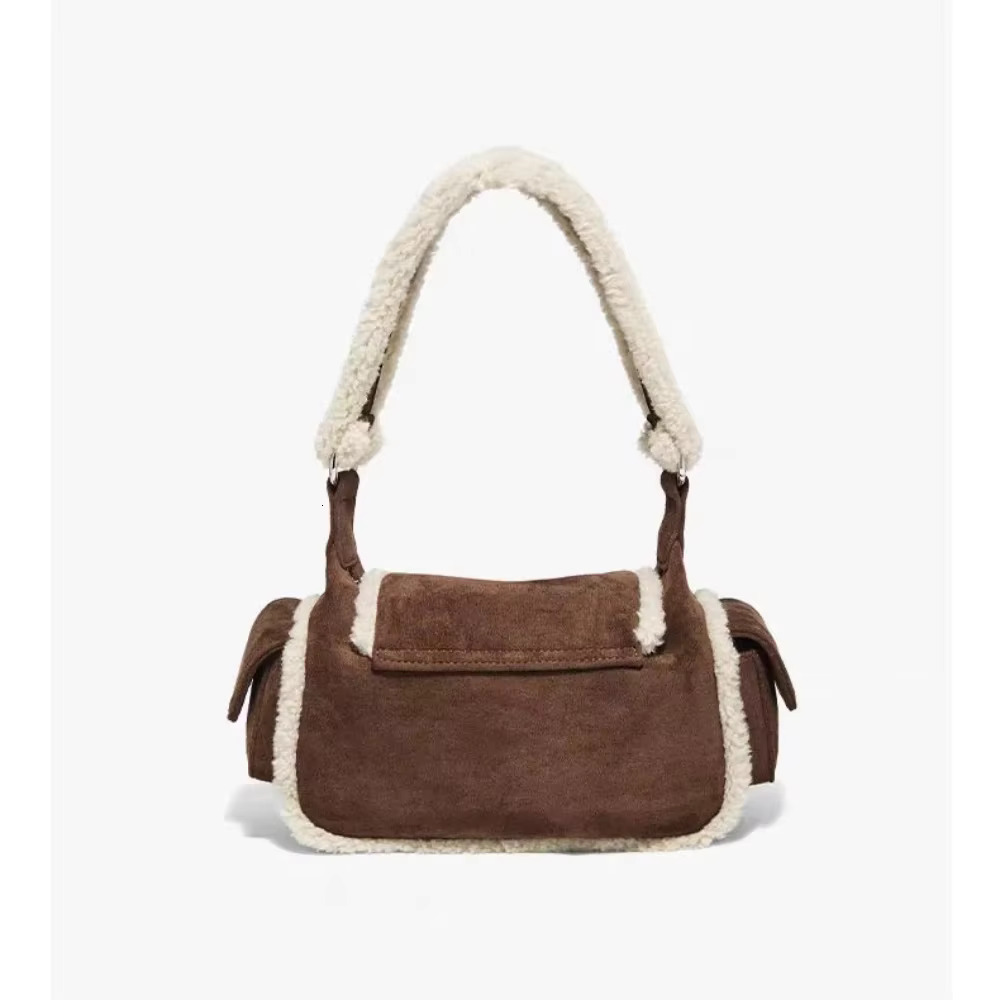 Ins Chic Matte Cowhide Leather With Real Lamb Wool Women Shoulder Bag Fashion Kakhi Color High-End Female Handbag Small