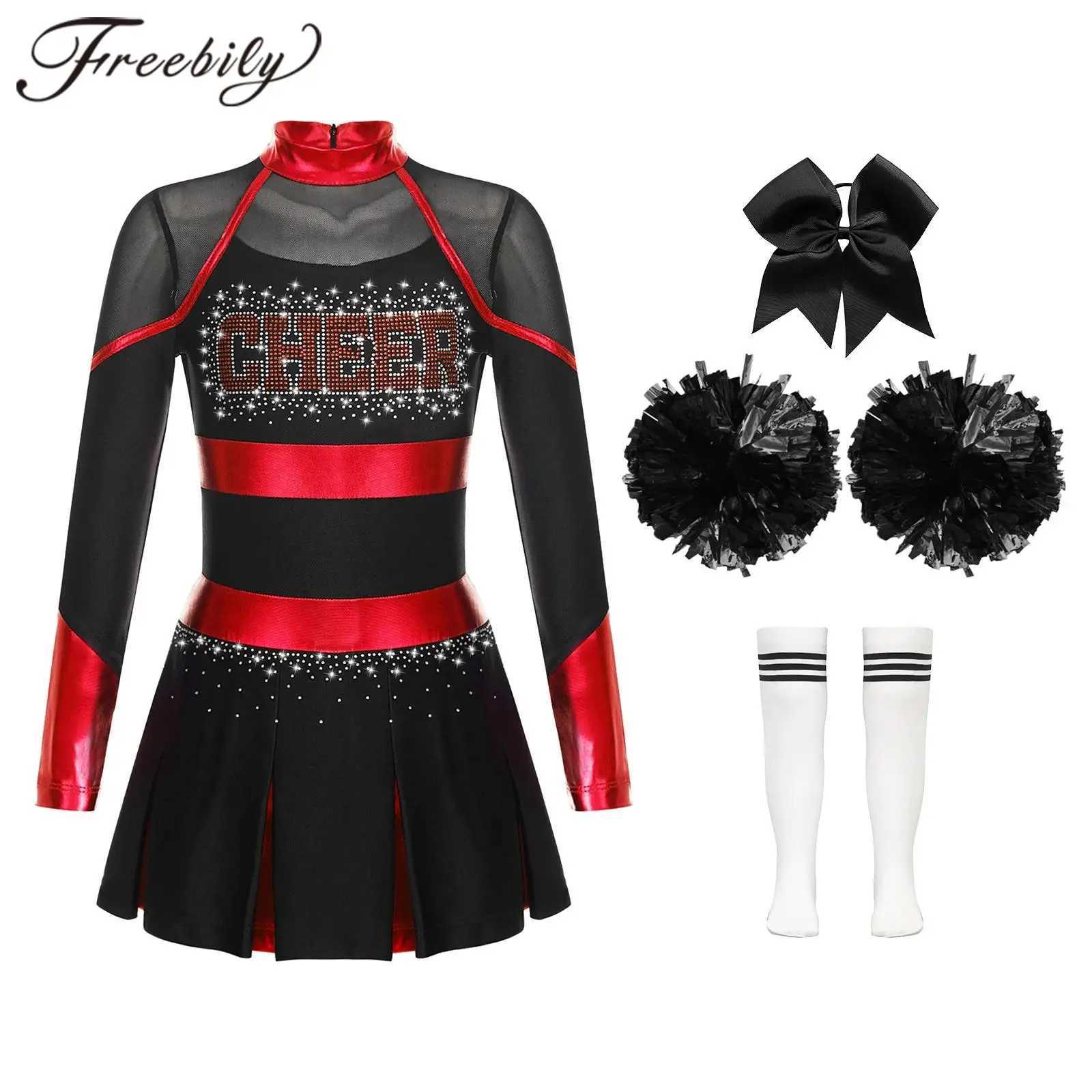 Kids Girls Cheerleading Uniforms Cheer Dance Outfit Cheerleader Costume Children Glittery Rhinestones School Cheerlead UniformsW250121