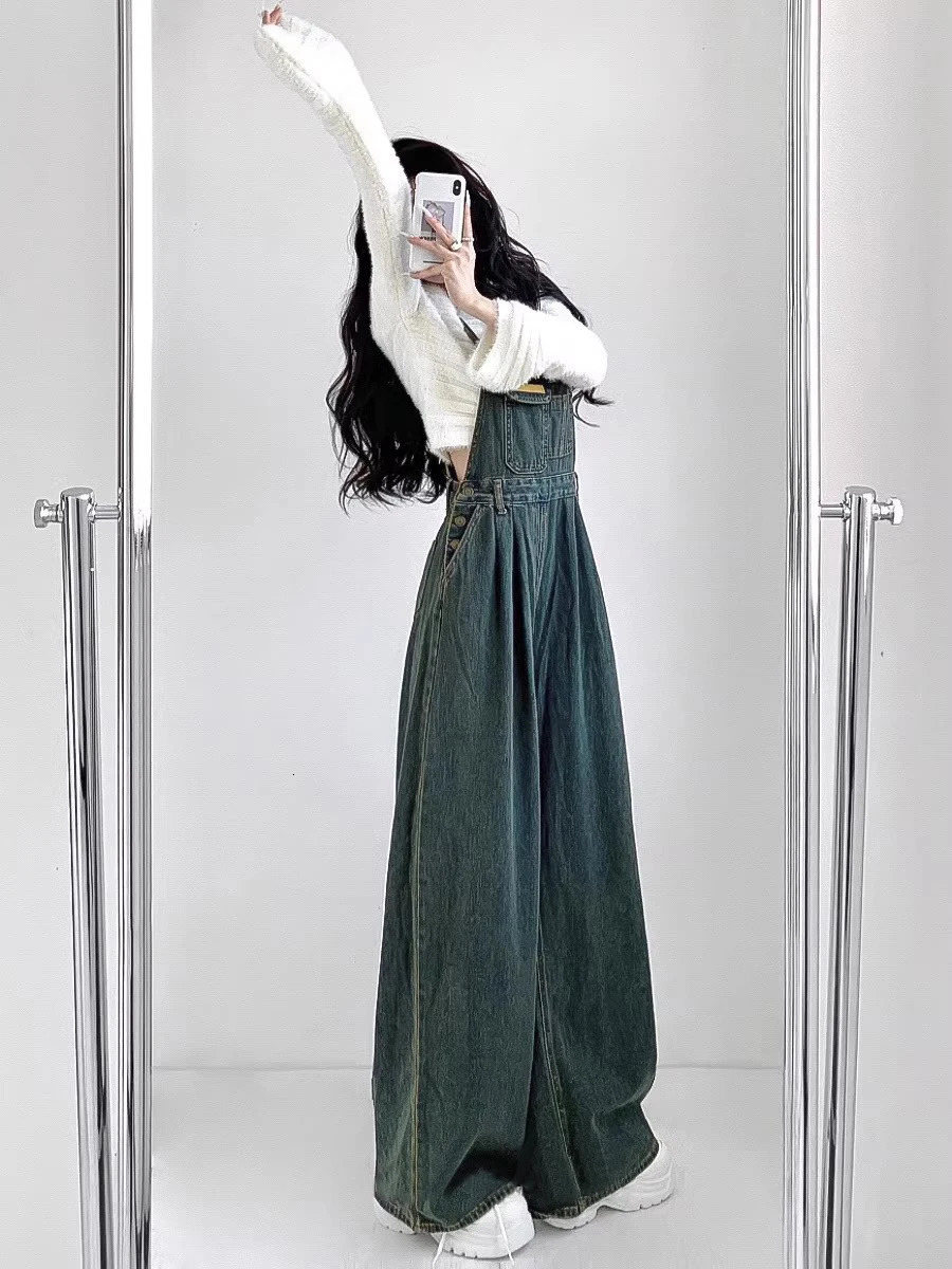REDDACHiC 90s Retro Green Wash Women Jumpsuit Pleated Pocket Bib Pants Wide Leg Denim Overalls Loose Casual Y2k Dungaree Rompers 250122