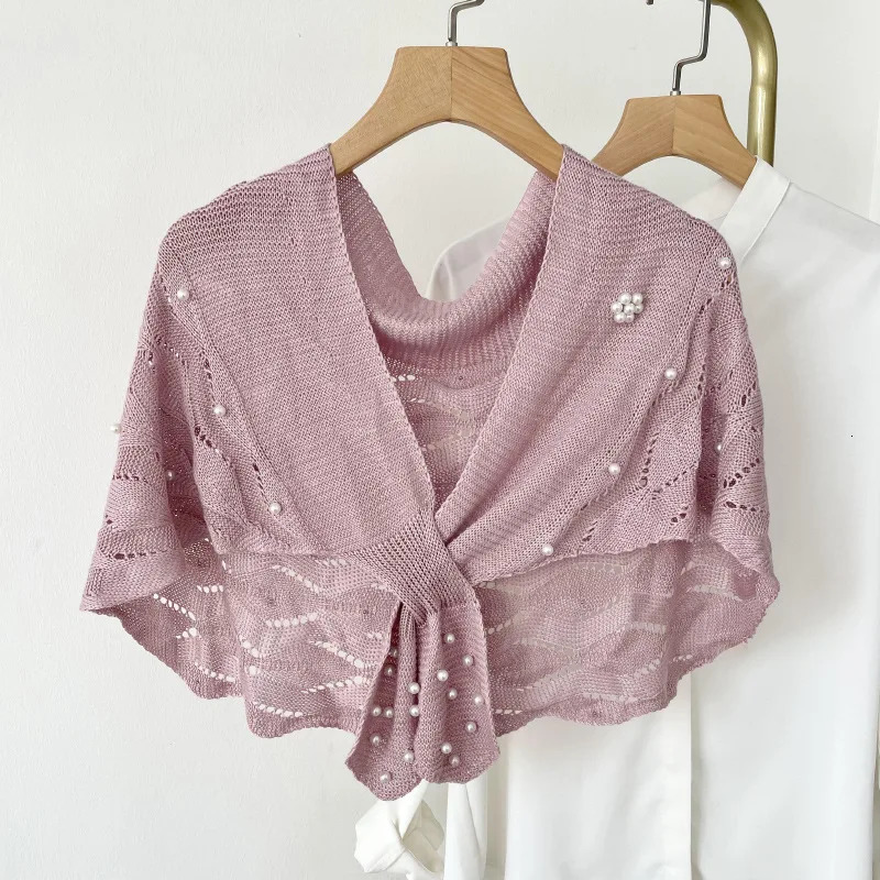 Woman Knitting Shawl Bride Elegant Hollow Out Pearl Decorated Shawls Solid Color Collar Scarf Ladies Casual Stole Poncho 250121